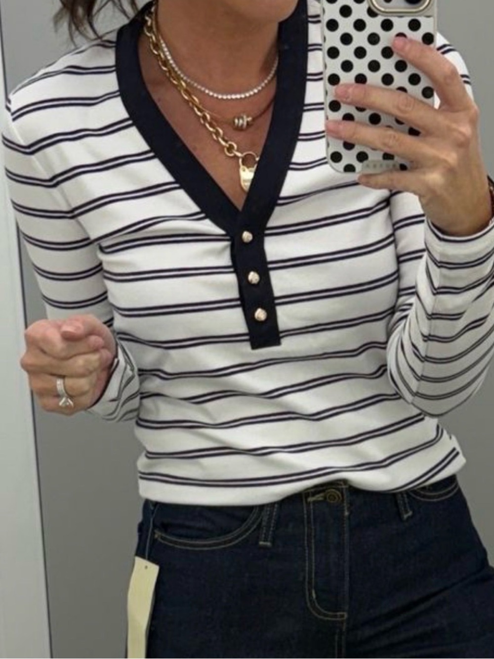 Free Assembly Striped Long-Sleeve Henley Shirt - Navy Trim